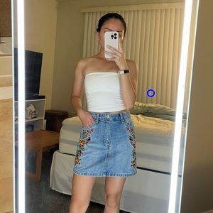 F21 denim skirt with embroidered flowers